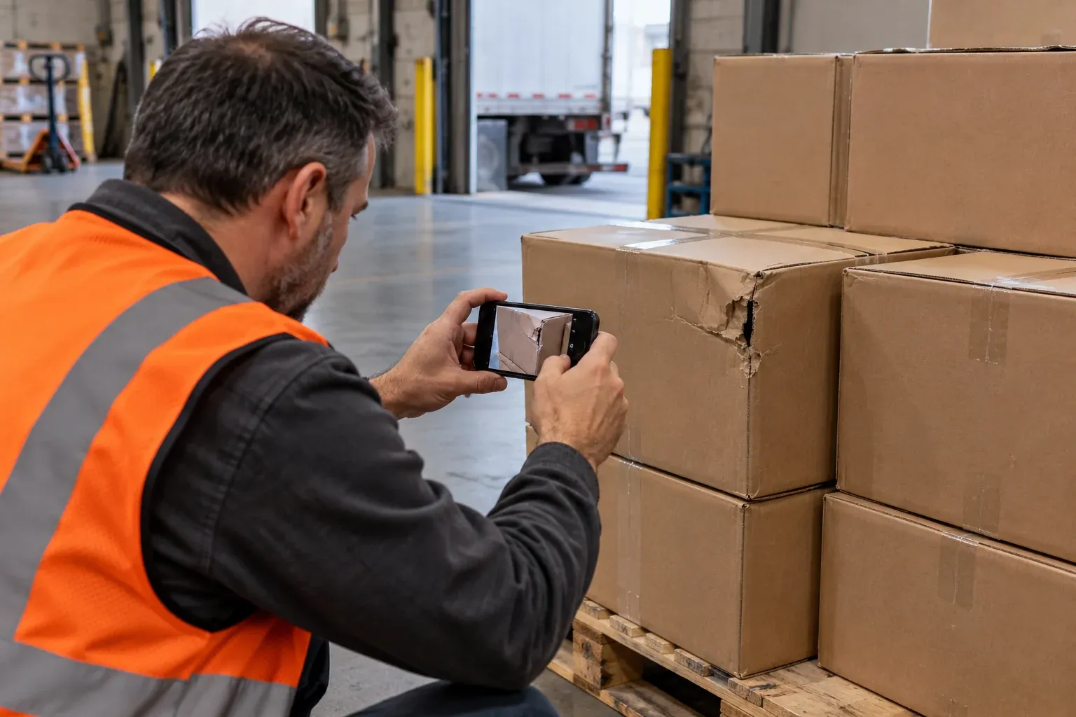 A warehouse receiver photographing a crushed carton corner on a pallet with his phone.