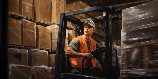 Illustration of a warehouse operator moving a pallet with a forklift.