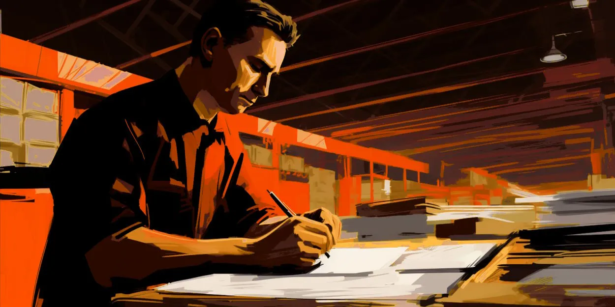 Warehouse employee reviewing documents and writing notes at a desk surrounded by shelves and stacks of boxes in a warehouse setting