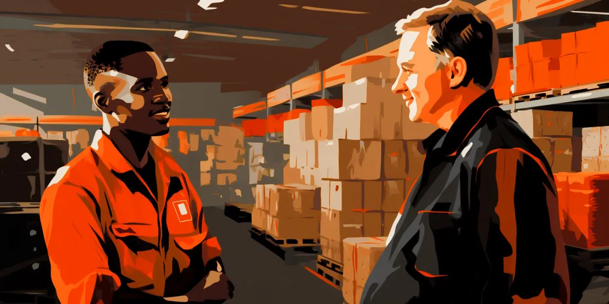 Two warehouse workers in safety uniforms engaged in a conversation, surrounded by rows of stacked boxes on pallets inside a warehouse