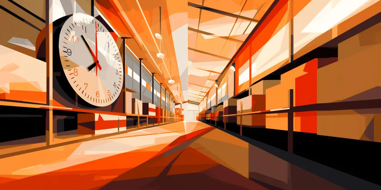 Wide-angle view of a spacious warehouse aisle lined with shelves full of boxes, featuring a large clock mounted on the wall indicating the time