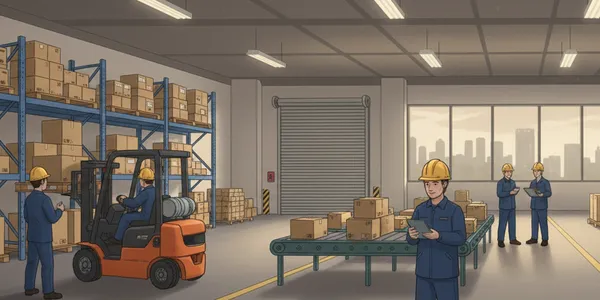 Illustration of warehouse inventory and management operations.