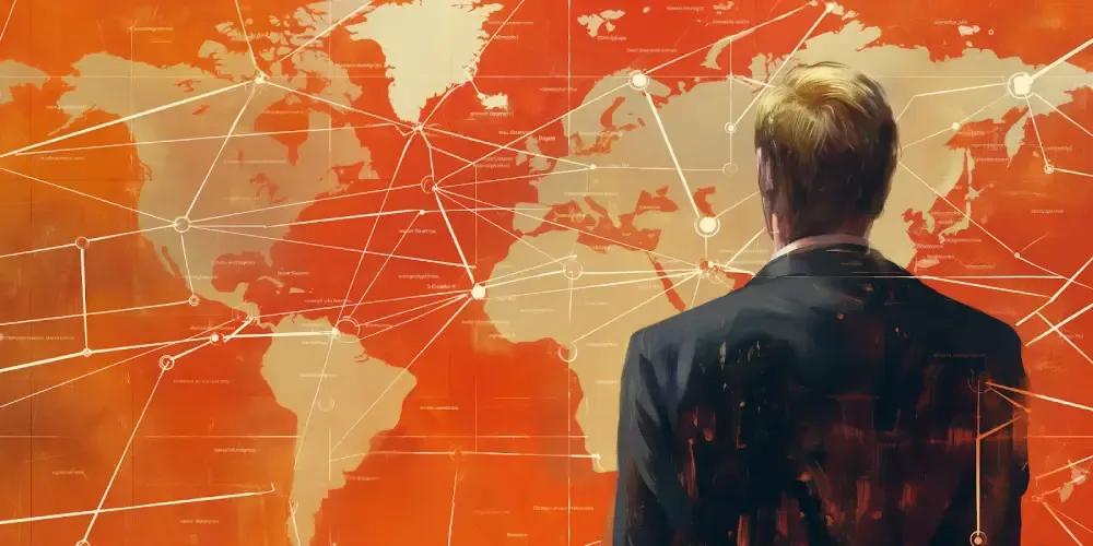 Businessman analyzing global logistics network on a world map with interconnected nodes and routes