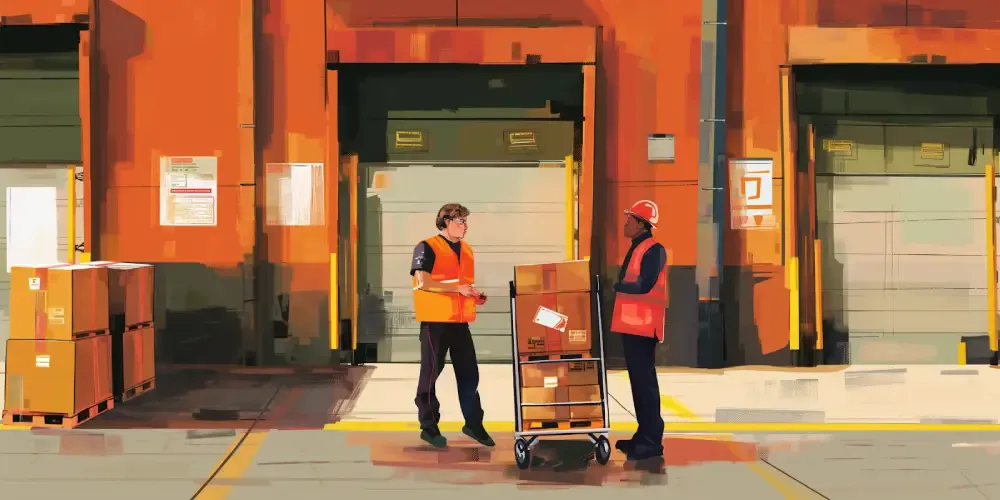 Warehouse workers in safety vests handling packages on a loading dock with stacked boxes and shipping labels