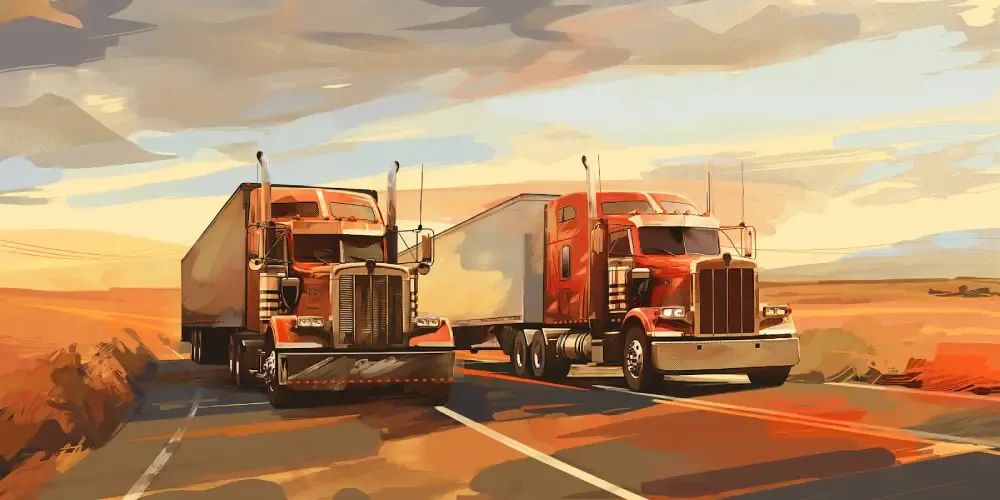 Two red semi-trucks on a rural highway during sunset, representing long-haul freight transportation