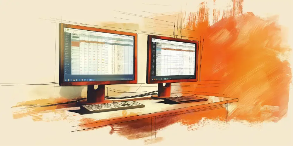 Dual computer monitors displaying logistics and shipment tracking spreadsheets in a freight management office
