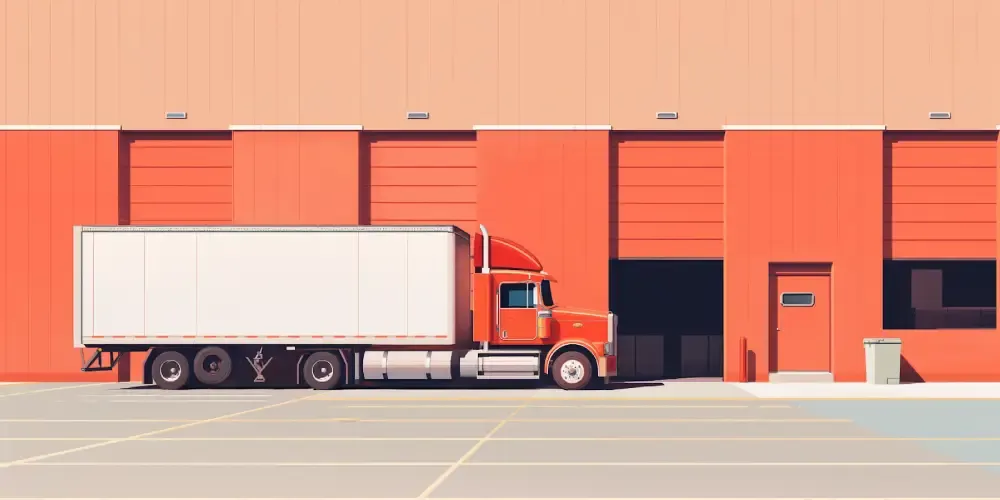 Red semi-truck backed up to a warehouse loading dock with closed bay doors and a side entrance