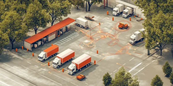 Aerial view of a logistics yard with trucks and trailers in motion
